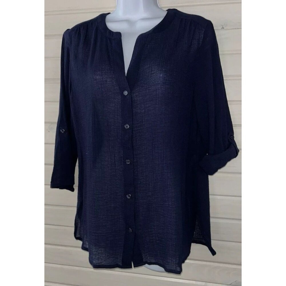 Chicos Sz 1 (MEDIUM) Navy Blue Gauzy Cotton Split Neck Tunic 3/4 Sleeve EUC